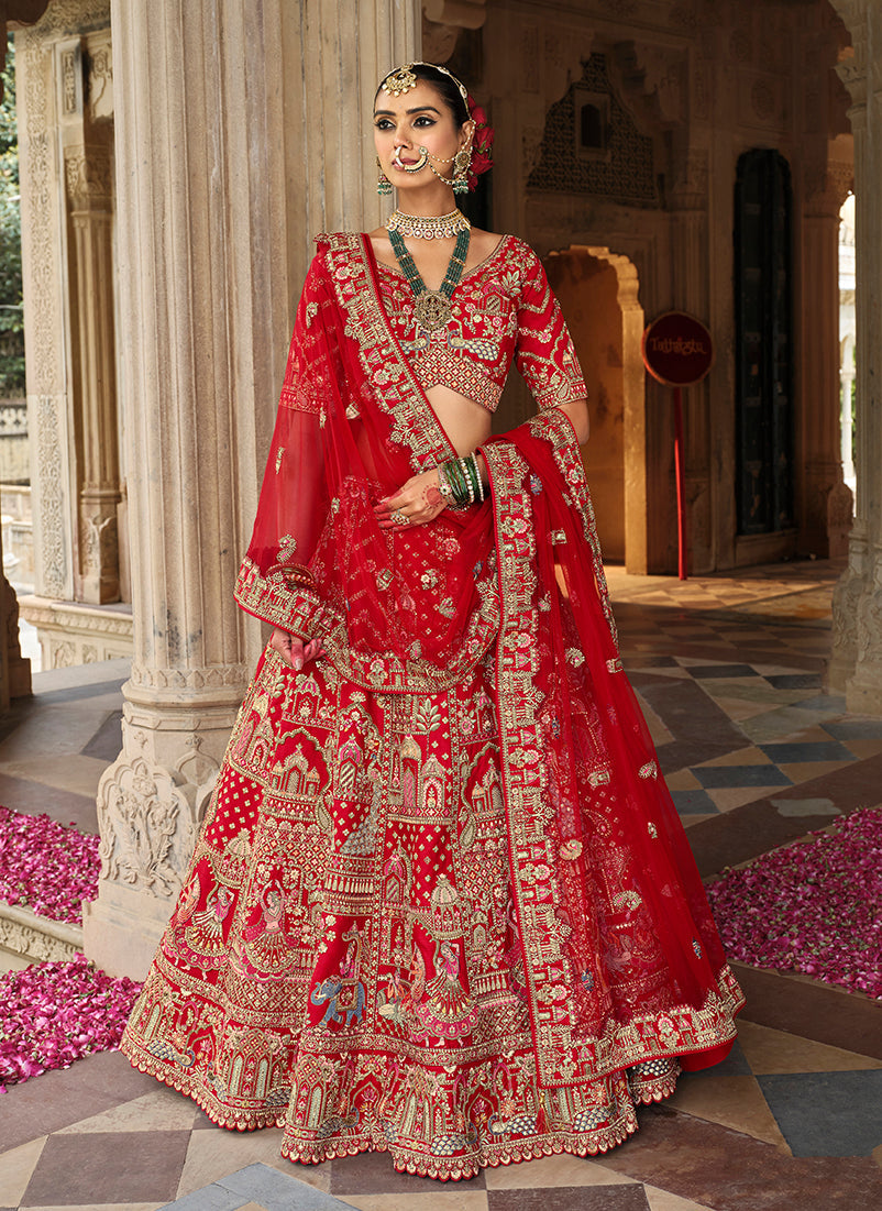 Monjolika Fashion Red Khatli Embroidered Silk Blend Bridal Lehenga Choli - Swadesiicart