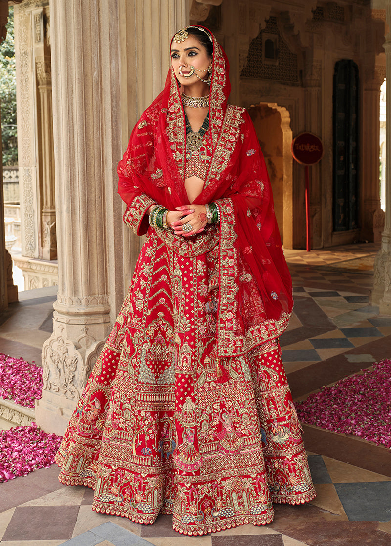 Monjolika Fashion Red Khatli Embroidered Silk Blend Bridal Lehenga Choli - Swadesiicart