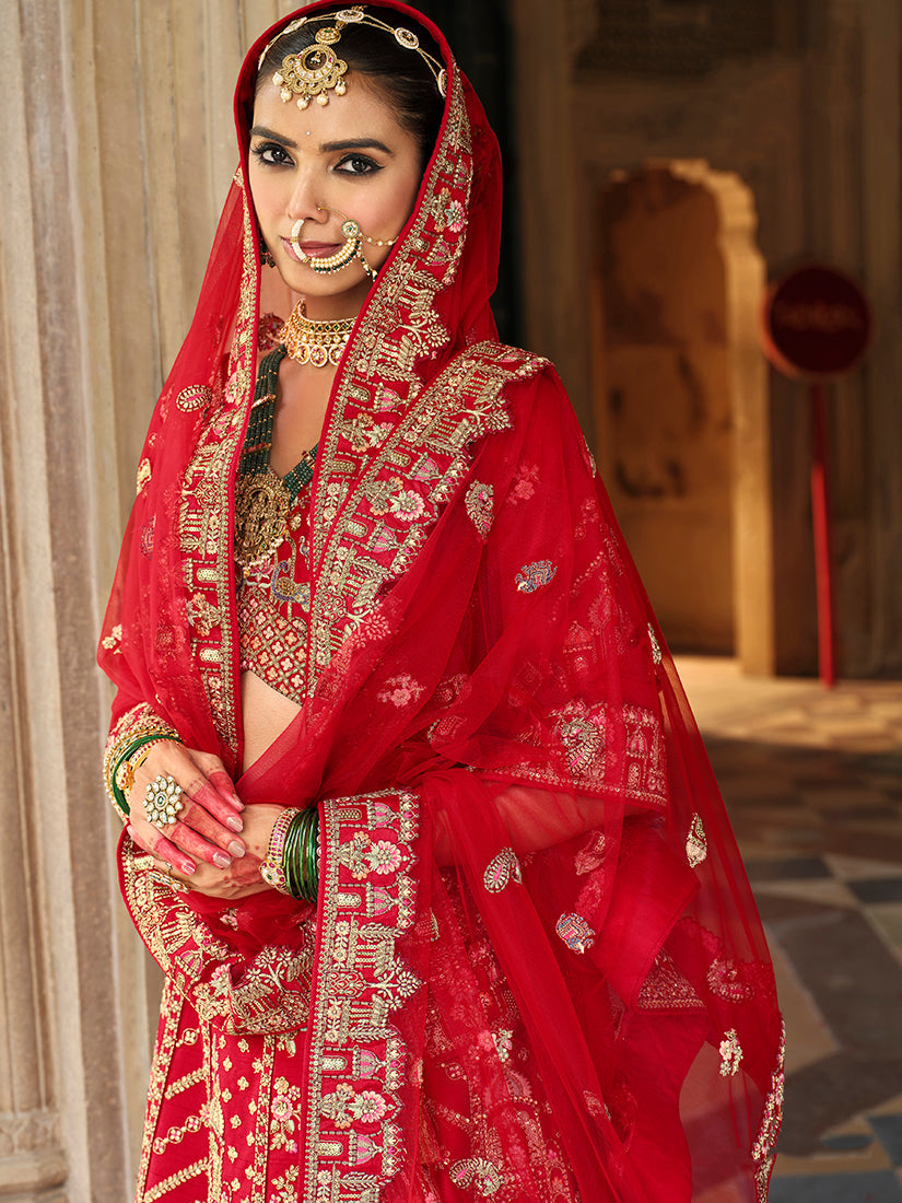 Monjolika Fashion Red Khatli Embroidered Silk Blend Bridal Lehenga Choli - Swadesiicart