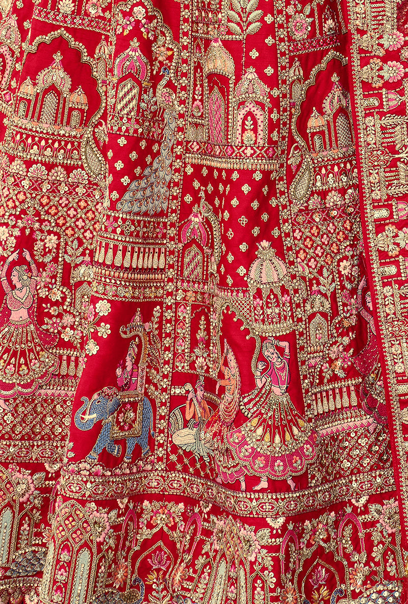 Monjolika Fashion Red Khatli Embroidered Silk Blend Bridal Lehenga Choli - Swadesiicart