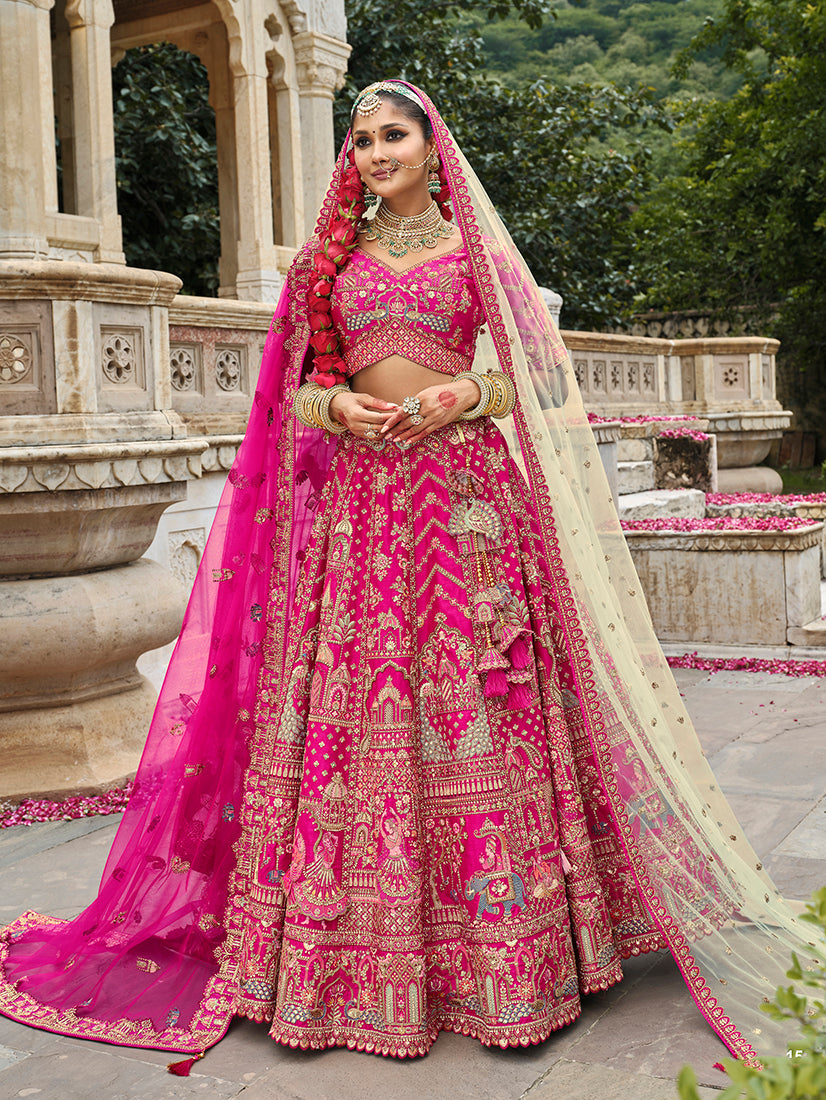 Monjolika Fashion Rani Pink Khatli Embroidered Silk Blend Bridal Lehenga Choli - Swadesiicart