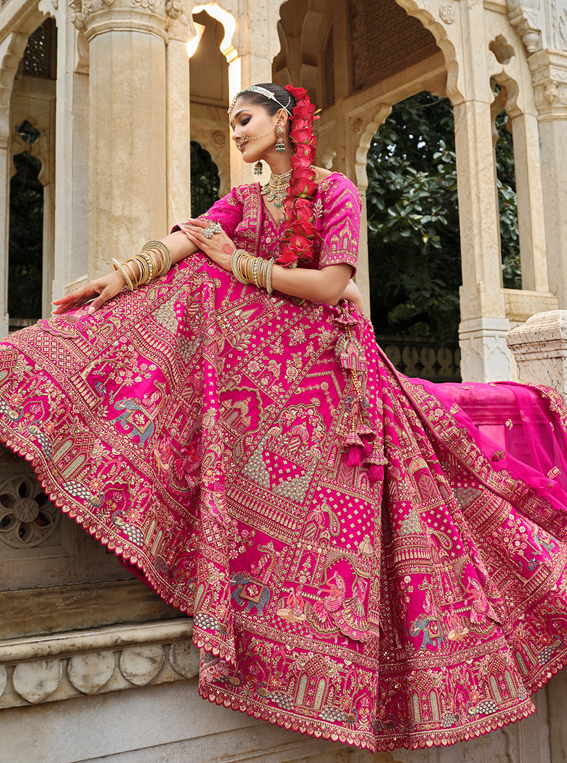 Monjolika Fashion Rani Pink Khatli Embroidered Silk Blend Bridal Lehenga Choli - Swadesiicart