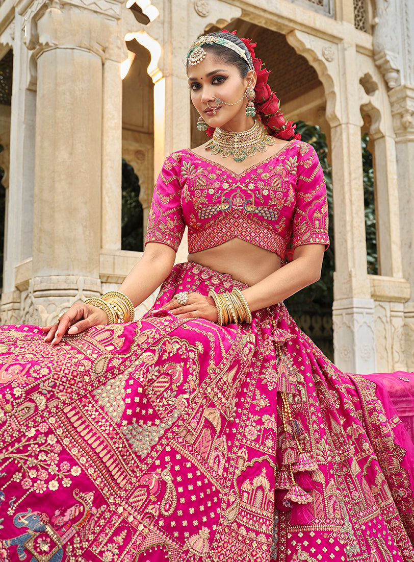 Monjolika Fashion Rani Pink Khatli Embroidered Silk Blend Bridal Lehenga Choli - Swadesiicart
