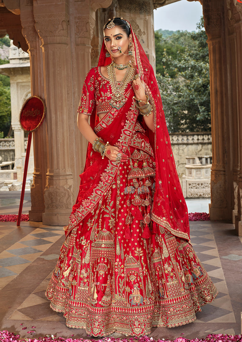 Monjolika Fashion Red Khatli Embroidered Silk Blend Bridal Lehenga Choli - Swadesiicart