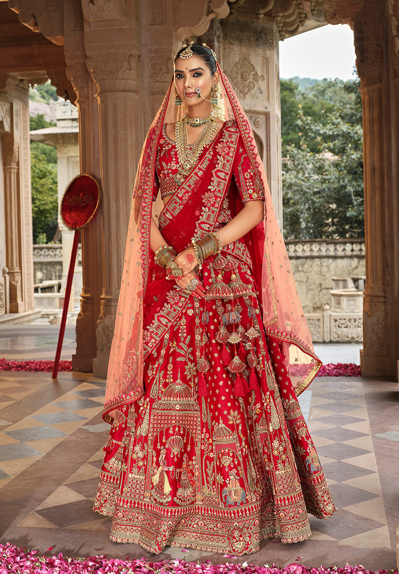 Monjolika Fashion Red Khatli Embroidered Silk Blend Bridal Lehenga Choli - Swadesiicart