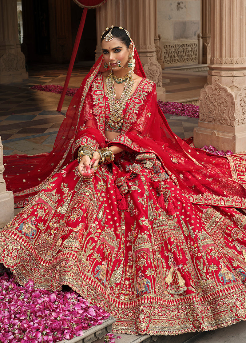 Monjolika Fashion Red Khatli Embroidered Silk Blend Bridal Lehenga Choli - Swadesiicart