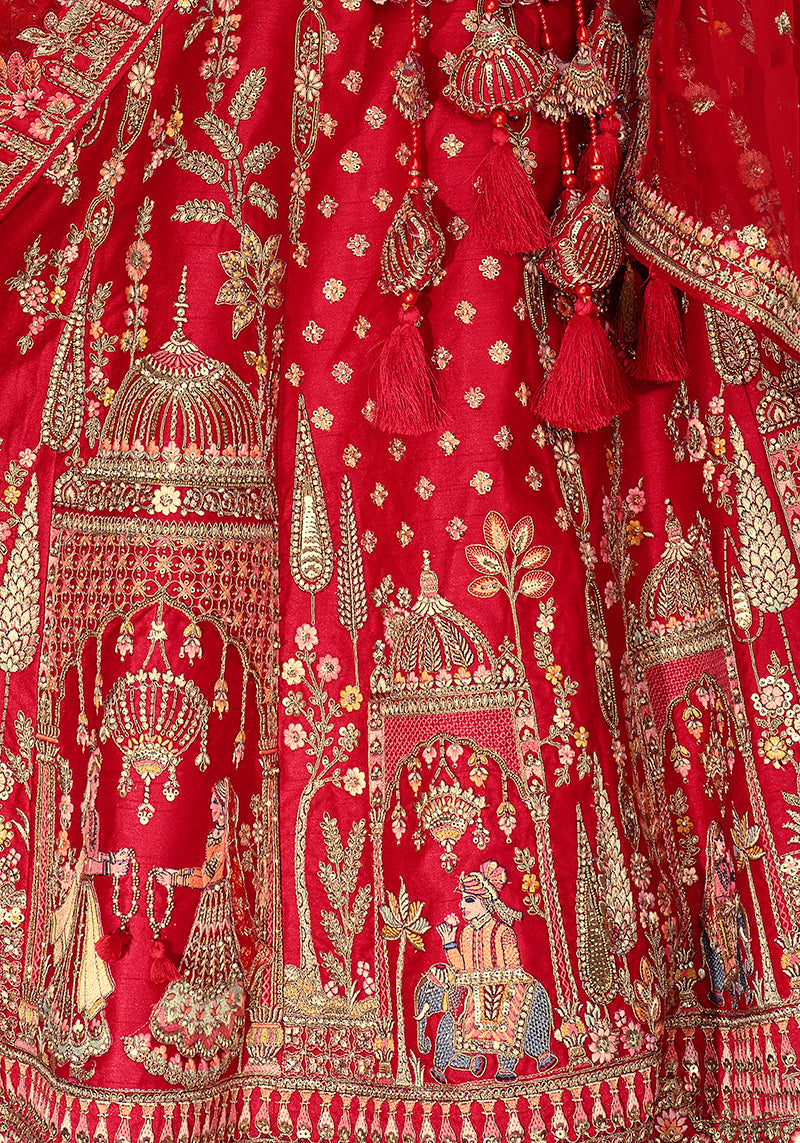 Monjolika Fashion Red Khatli Embroidered Silk Blend Bridal Lehenga Choli - Swadesiicart