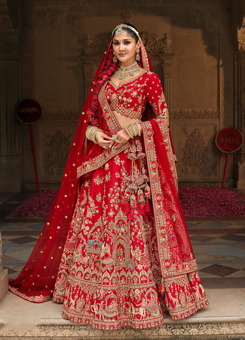 Monjolika Fashion Red Khatli Embroidered Silk Blend Bridal Lehenga Choli - Swadesiicart