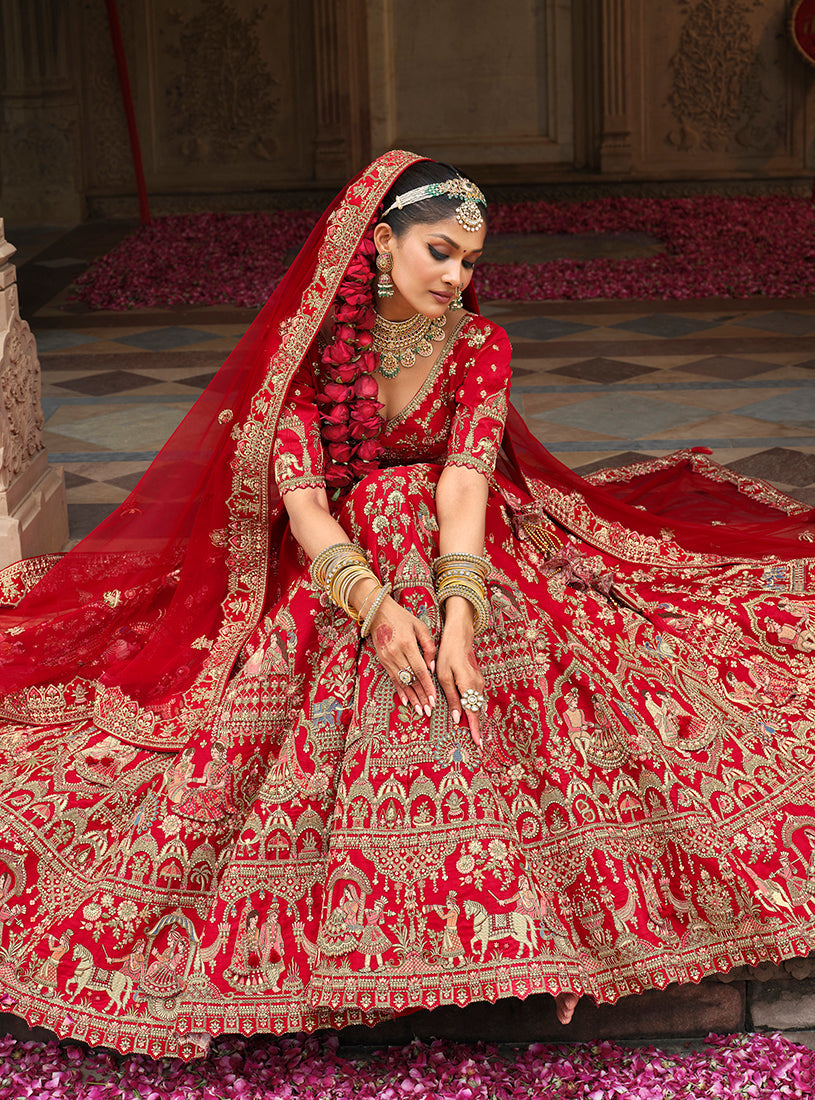 Monjolika Fashion Red Khatli Embroidered Silk Blend Bridal Lehenga Choli - Swadesiicart