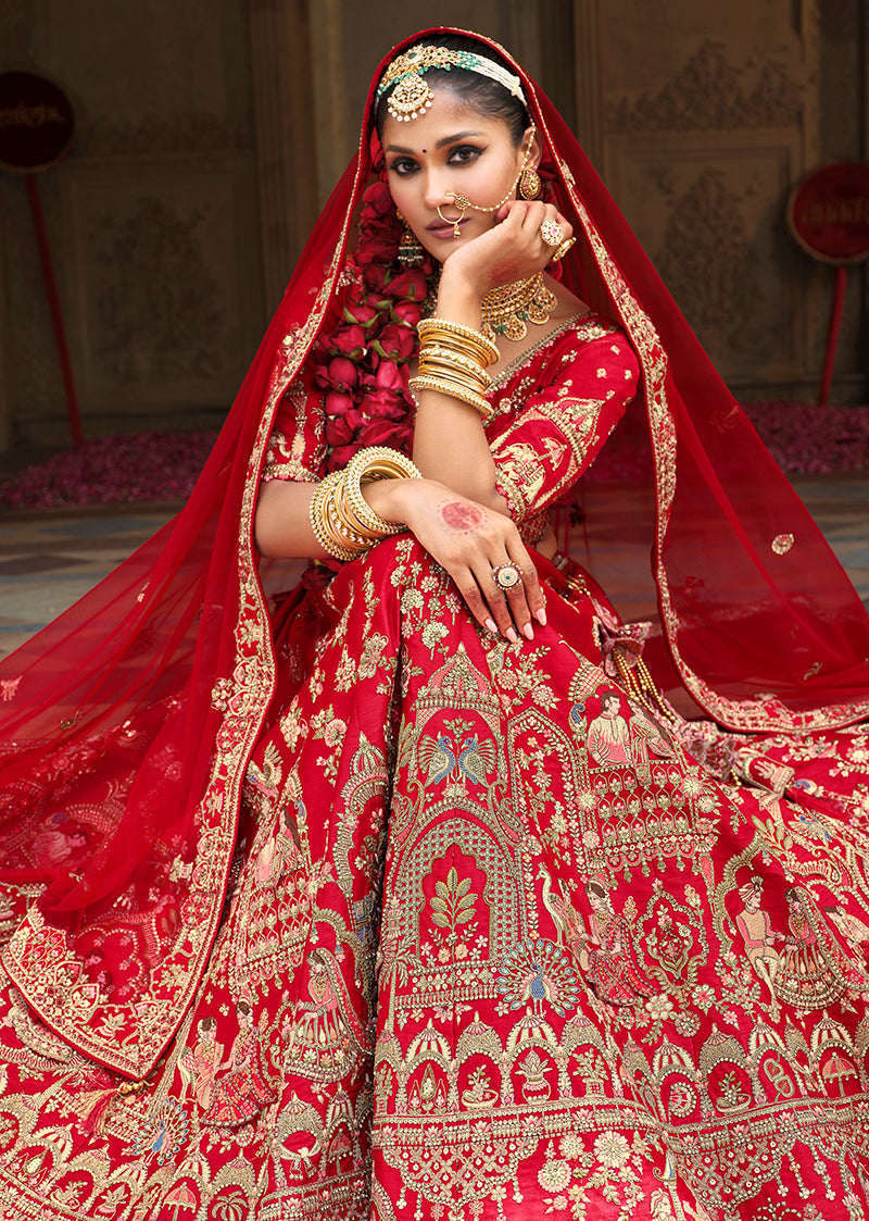 Monjolika Fashion Red Khatli Embroidered Silk Blend Bridal Lehenga Choli - Swadesiicart