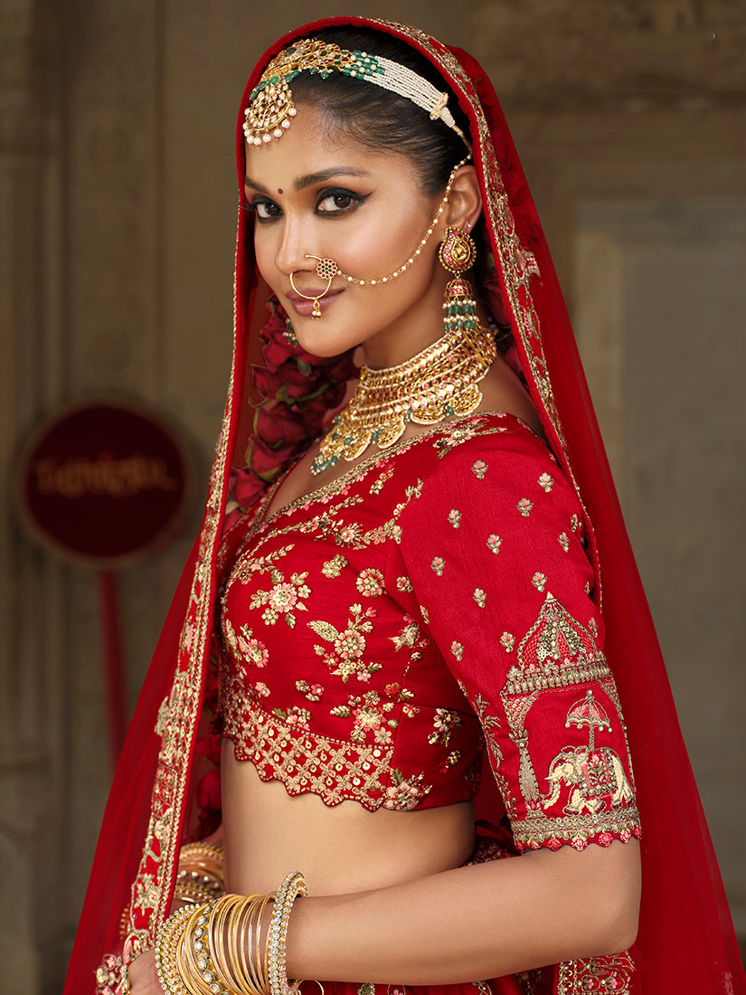 Monjolika Fashion Red Khatli Embroidered Silk Blend Bridal Lehenga Choli - Swadesiicart