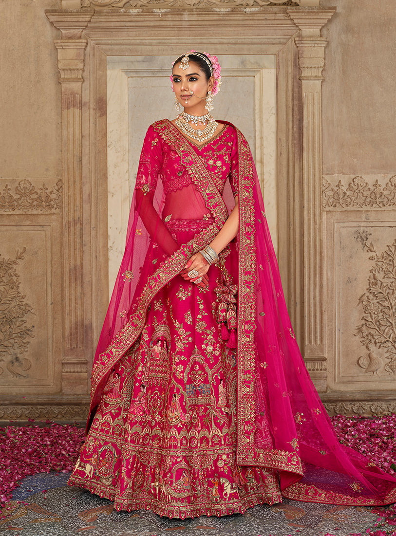 Monjolika Fashion Rani Pink Khatli Embroidered Silk Blend Bridal Lehenga Choli - Swadesiicart