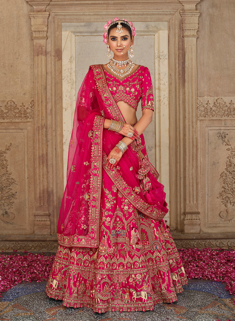 Monjolika Fashion Rani Pink Khatli Embroidered Silk Blend Bridal Lehenga Choli - Swadesiicart