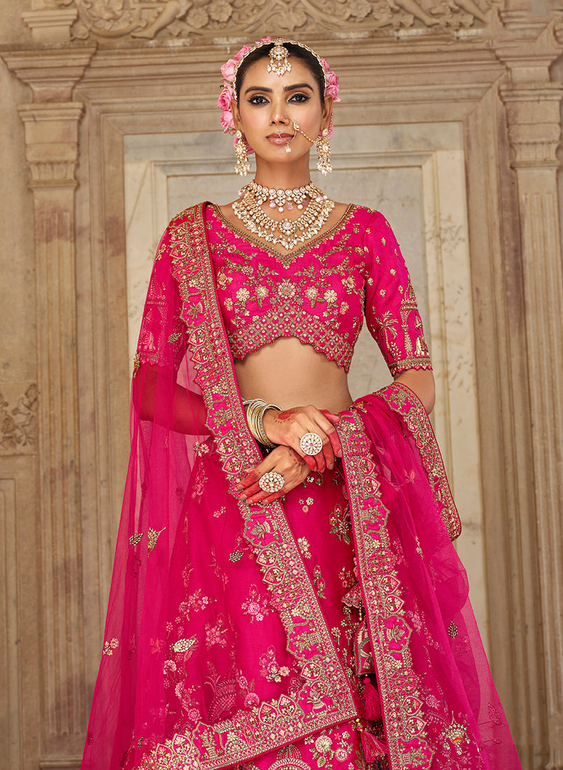 Monjolika Fashion Rani Pink Khatli Embroidered Silk Blend Bridal Lehenga Choli - Swadesiicart