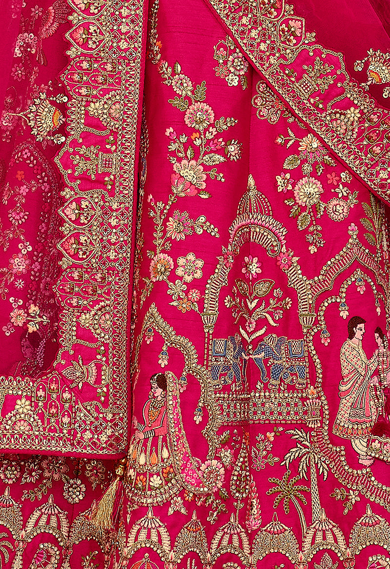 Monjolika Fashion Rani Pink Khatli Embroidered Silk Blend Bridal Lehenga Choli - Swadesiicart