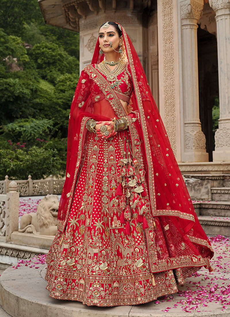 Monjolika Fashion Red Khatli Embroidered Silk Blend Bridal Lehenga Choli - Swadesiicart