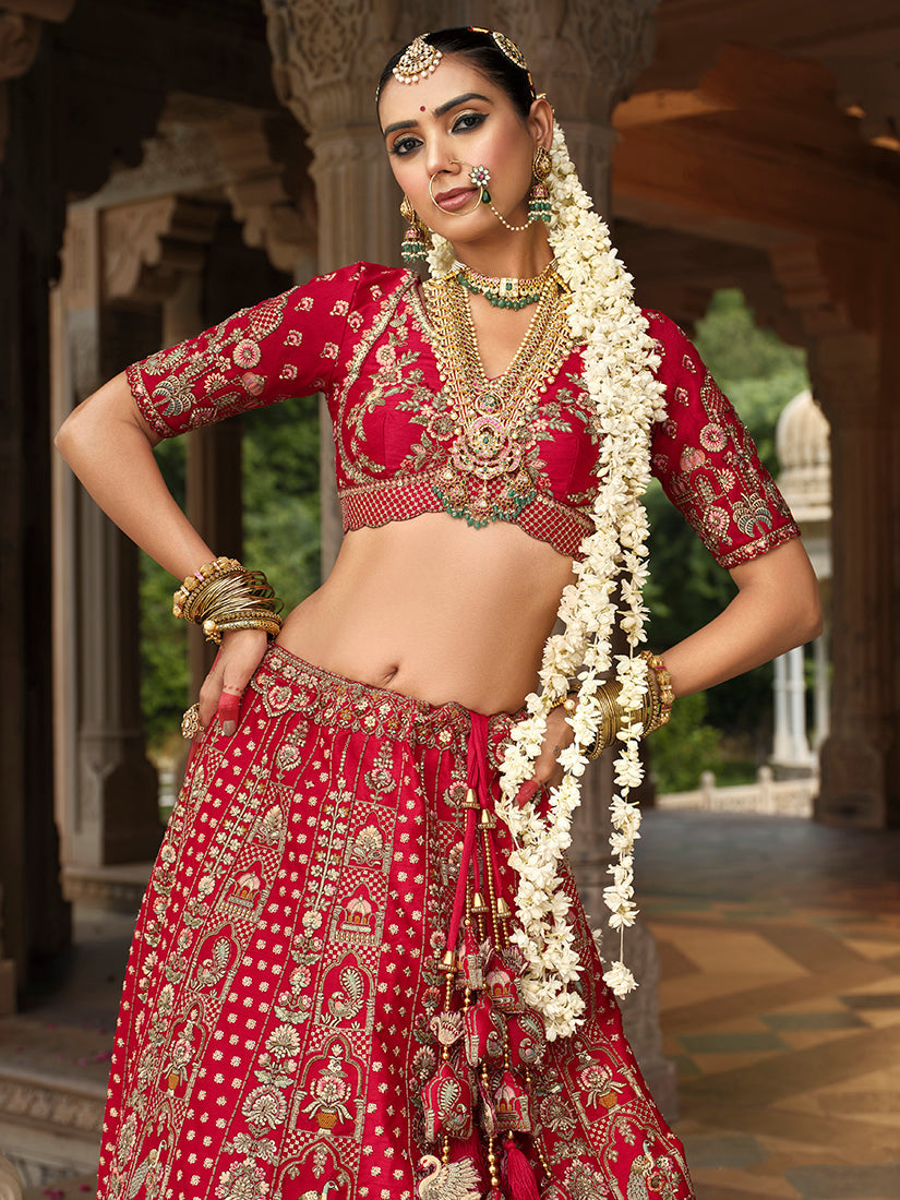 Monjolika Fashion Red Khatli Embroidered Silk Blend Bridal Lehenga Choli - Swadesiicart