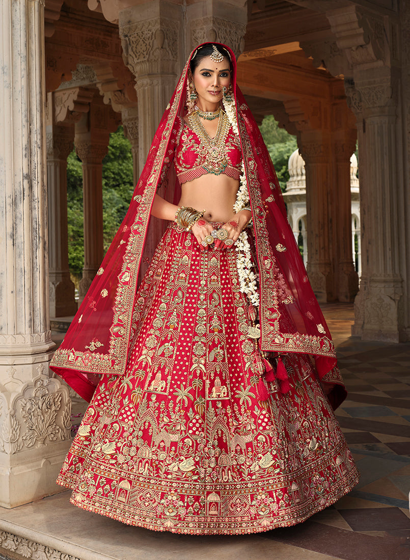 Monjolika Fashion Red Khatli Embroidered Silk Blend Bridal Lehenga Choli - Swadesiicart