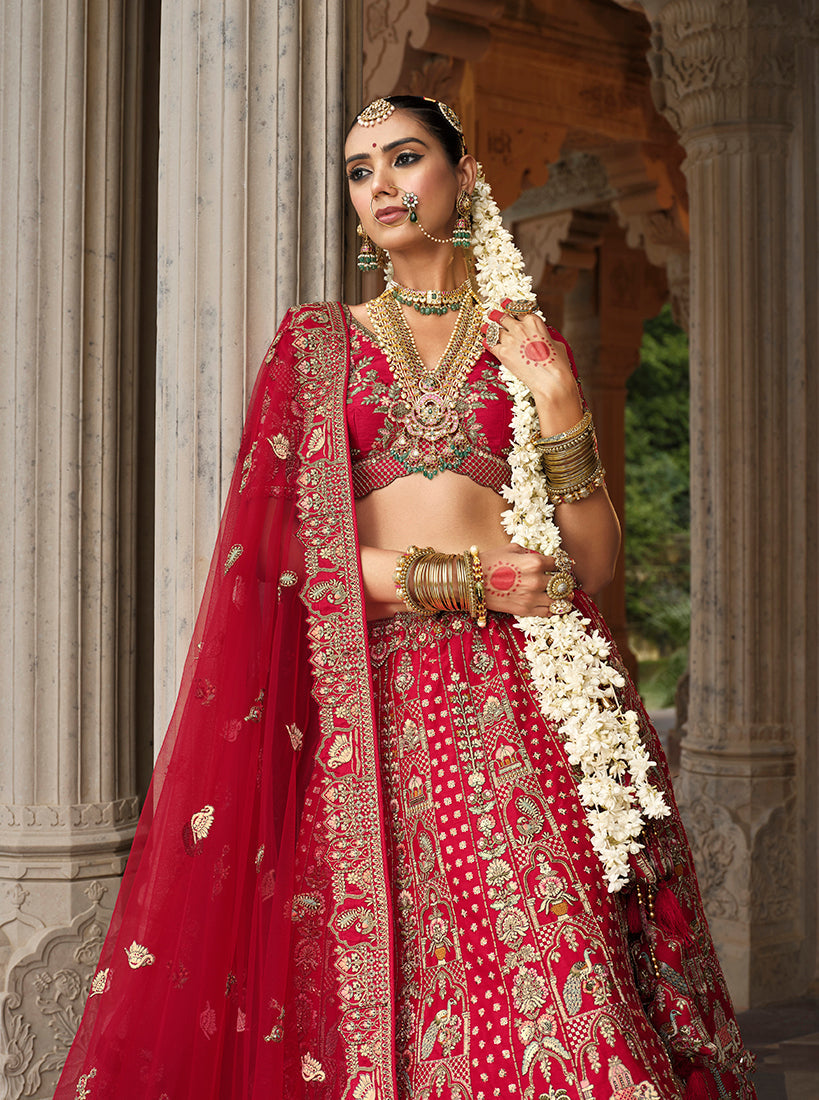 Monjolika Fashion Red Khatli Embroidered Silk Blend Bridal Lehenga Choli - Swadesiicart