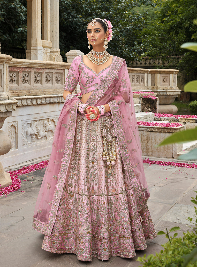 Monjolika Fashion Light Pink Khatli Embroidered Silk Blend Bridal Lehenga Choli - Swadesiicart