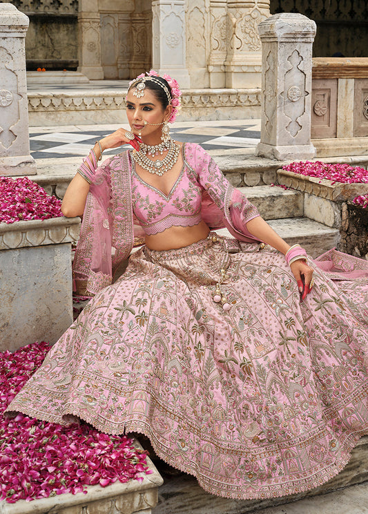 Monjolika Fashion Light Pink Khatli Embroidered Silk Blend Bridal Lehenga Choli - Swadesiicart