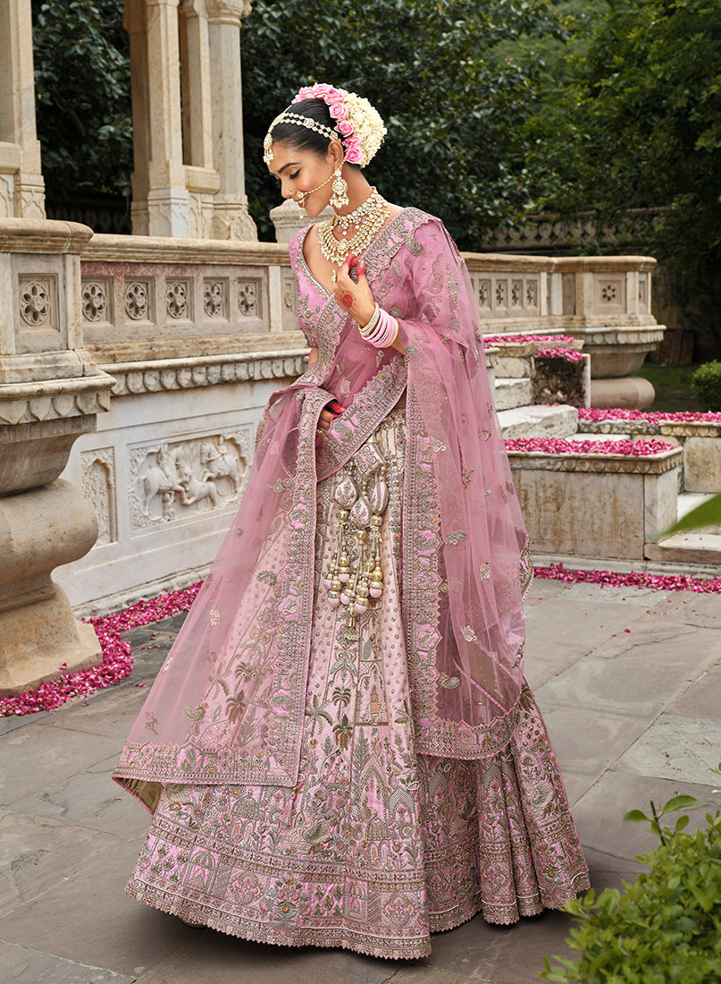 Monjolika Fashion Light Pink Khatli Embroidered Silk Blend Bridal Lehenga Choli - Swadesiicart