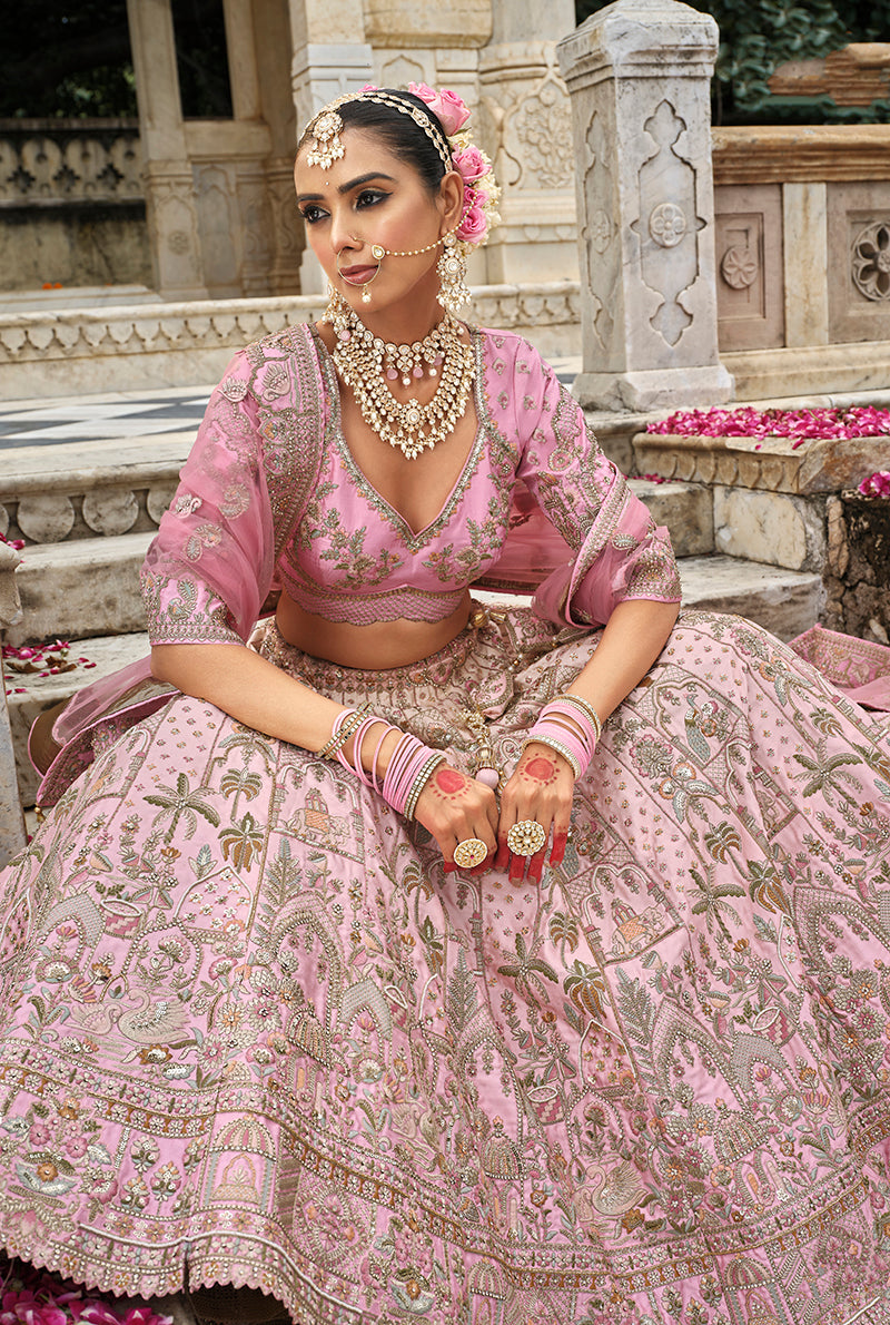 Monjolika Fashion Light Pink Khatli Embroidered Silk Blend Bridal Lehenga Choli - Swadesiicart