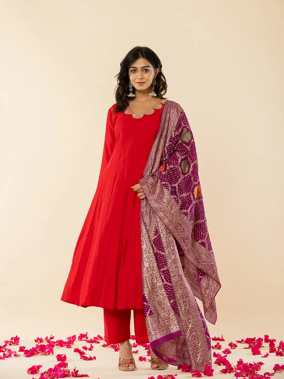 Yufta Red Silk Blend Anarkali Kurta Dupatta Set - Swadesiicart