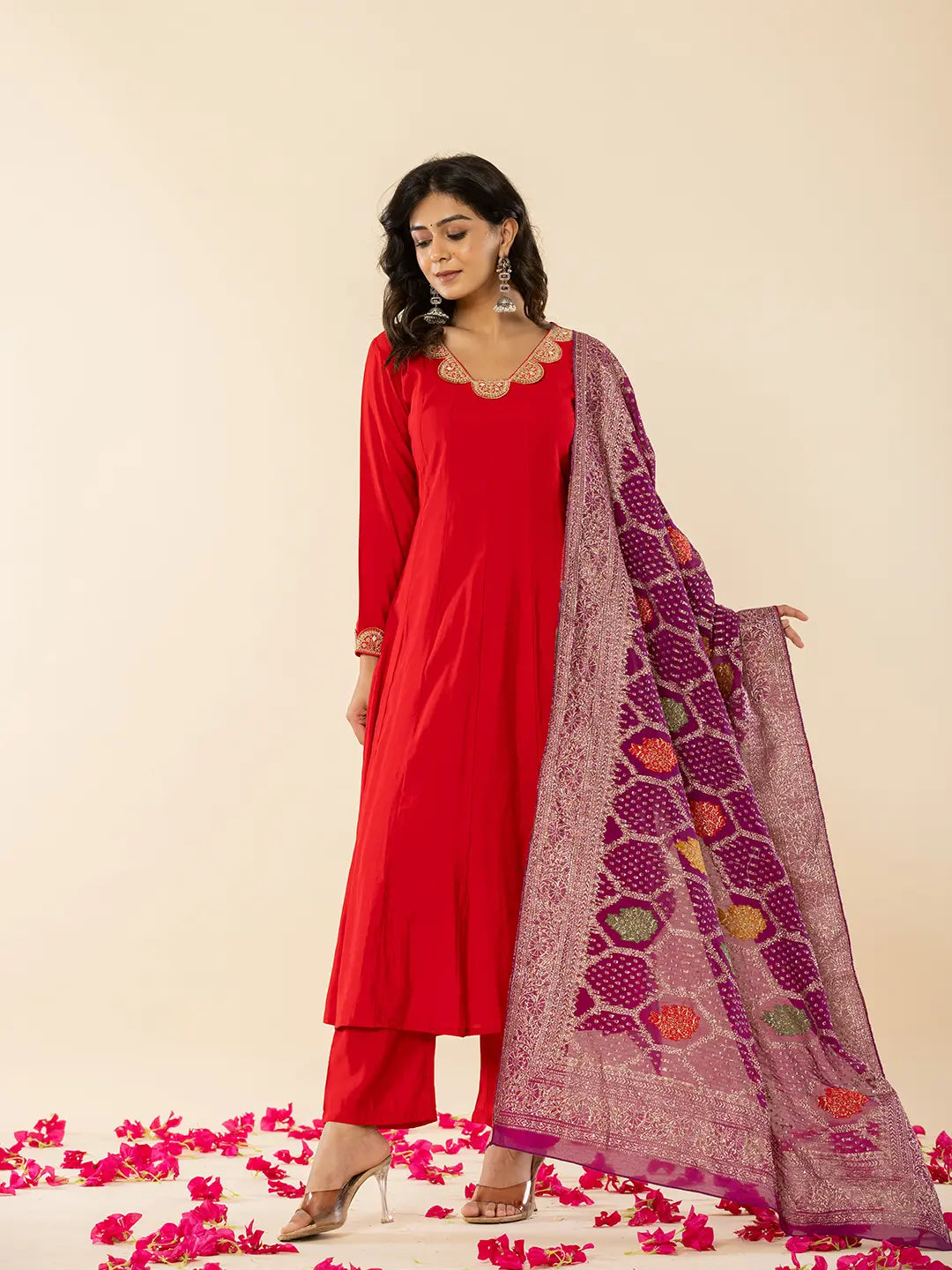 Yufta Red Silk Blend Anarkali Kurta Dupatta Set - Swadesiicart