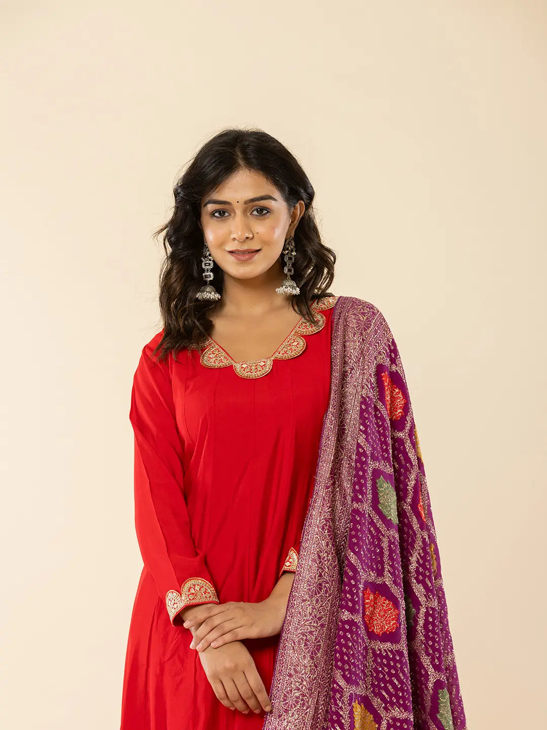 Yufta Red Silk Blend Anarkali Kurta Dupatta Set - Swadesiicart