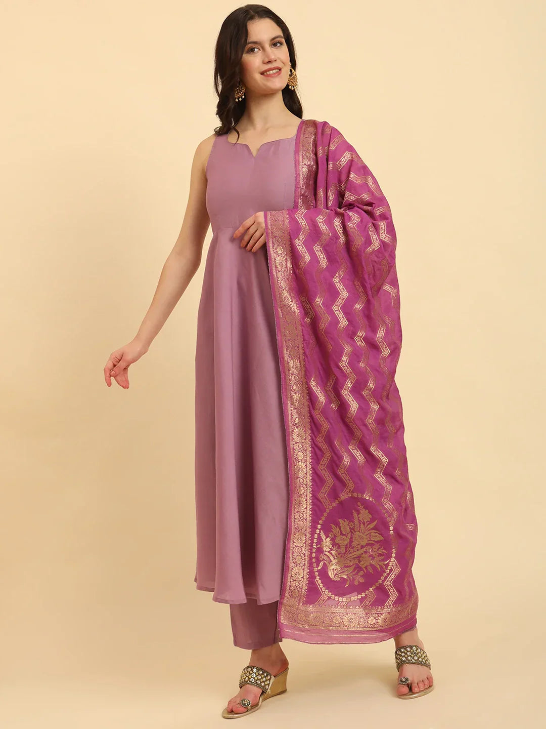 Yufta Purple Silk Sleeveless Kurta With Pant Banarasi Dupatta Set | Swadesiicart