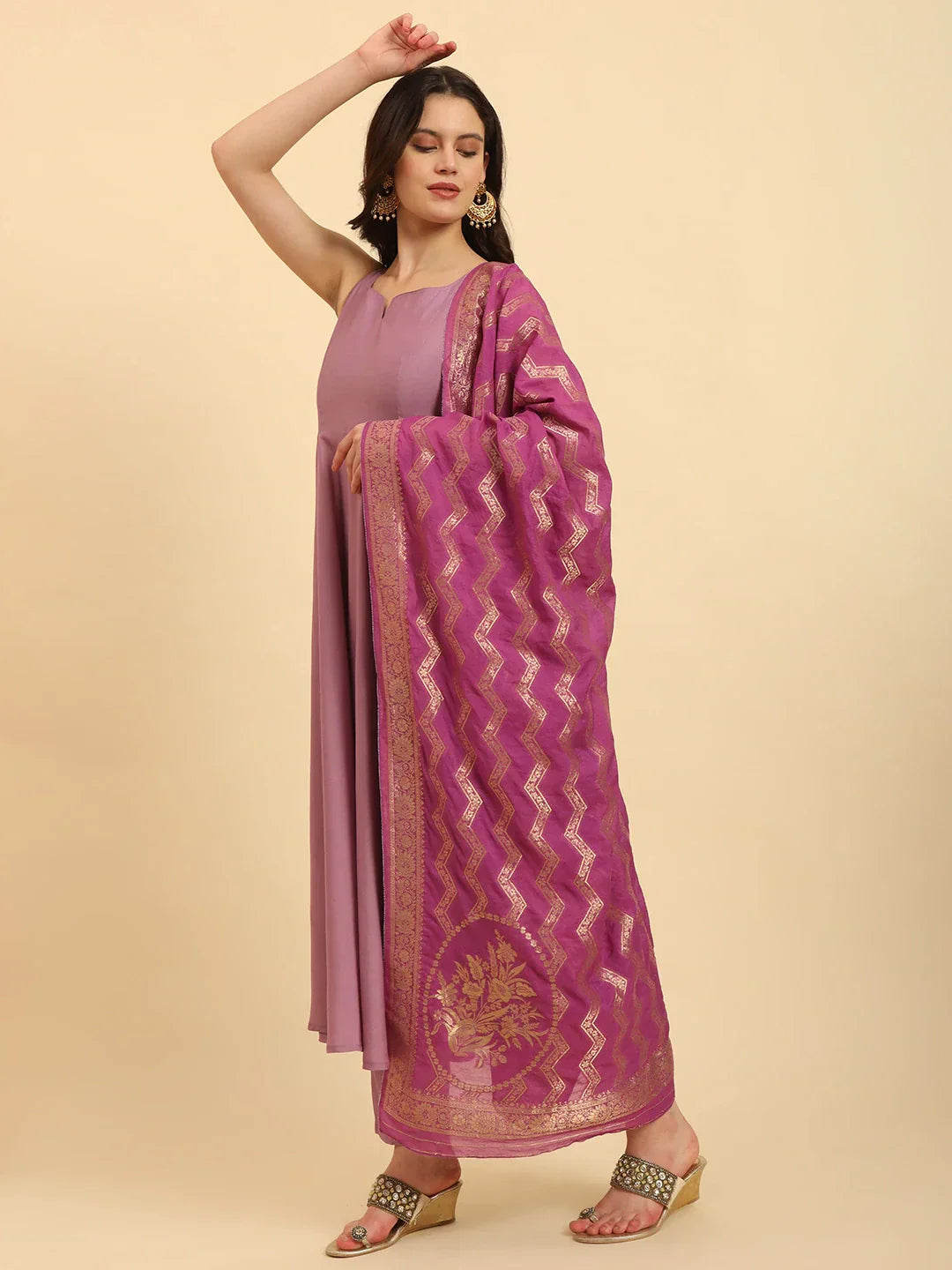 Yufta Purple Silk Sleeveless Kurta With Pant Banarasi Dupatta Set | Swadesiicart