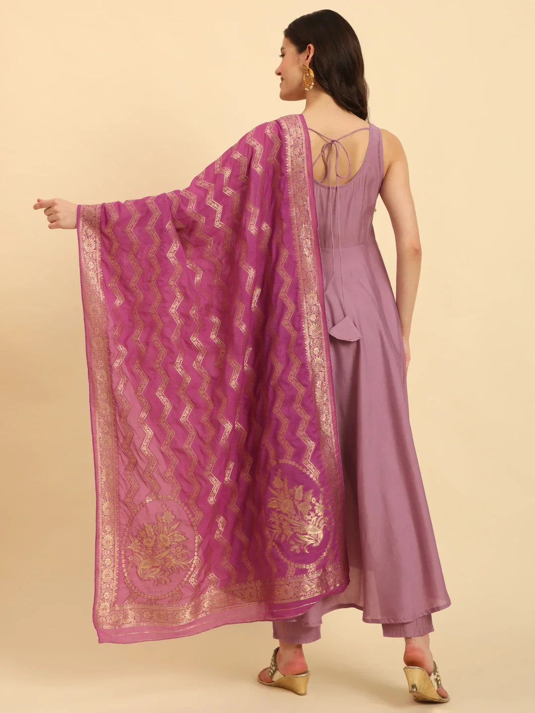 Yufta Purple Silk Sleeveless Kurta With Pant Banarasi Dupatta Set | Swadesiicart