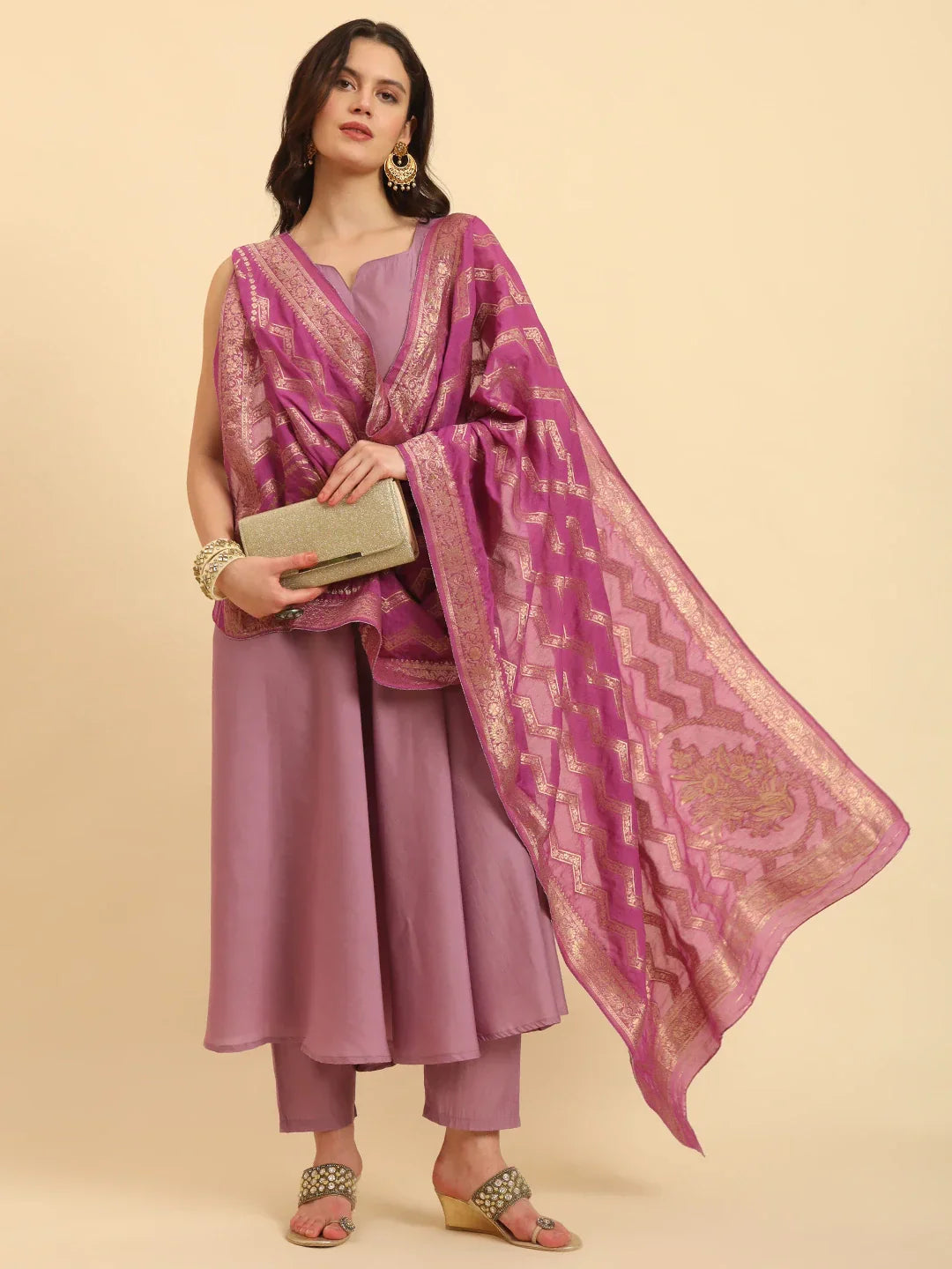 Yufta Purple Silk Sleeveless Kurta With Pant Banarasi Dupatta Set | Swadesiicart