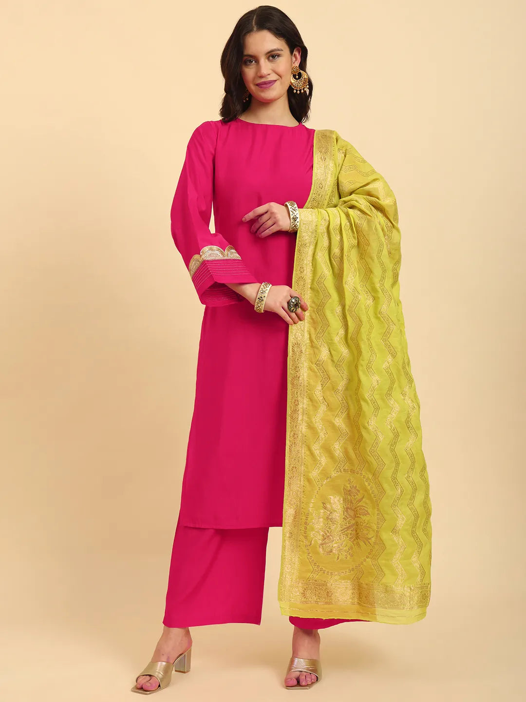 Yufta Pink Silk Flared Sleeves Kurta With Palazzo Banarasi Dupatta Set | Swadesiicart