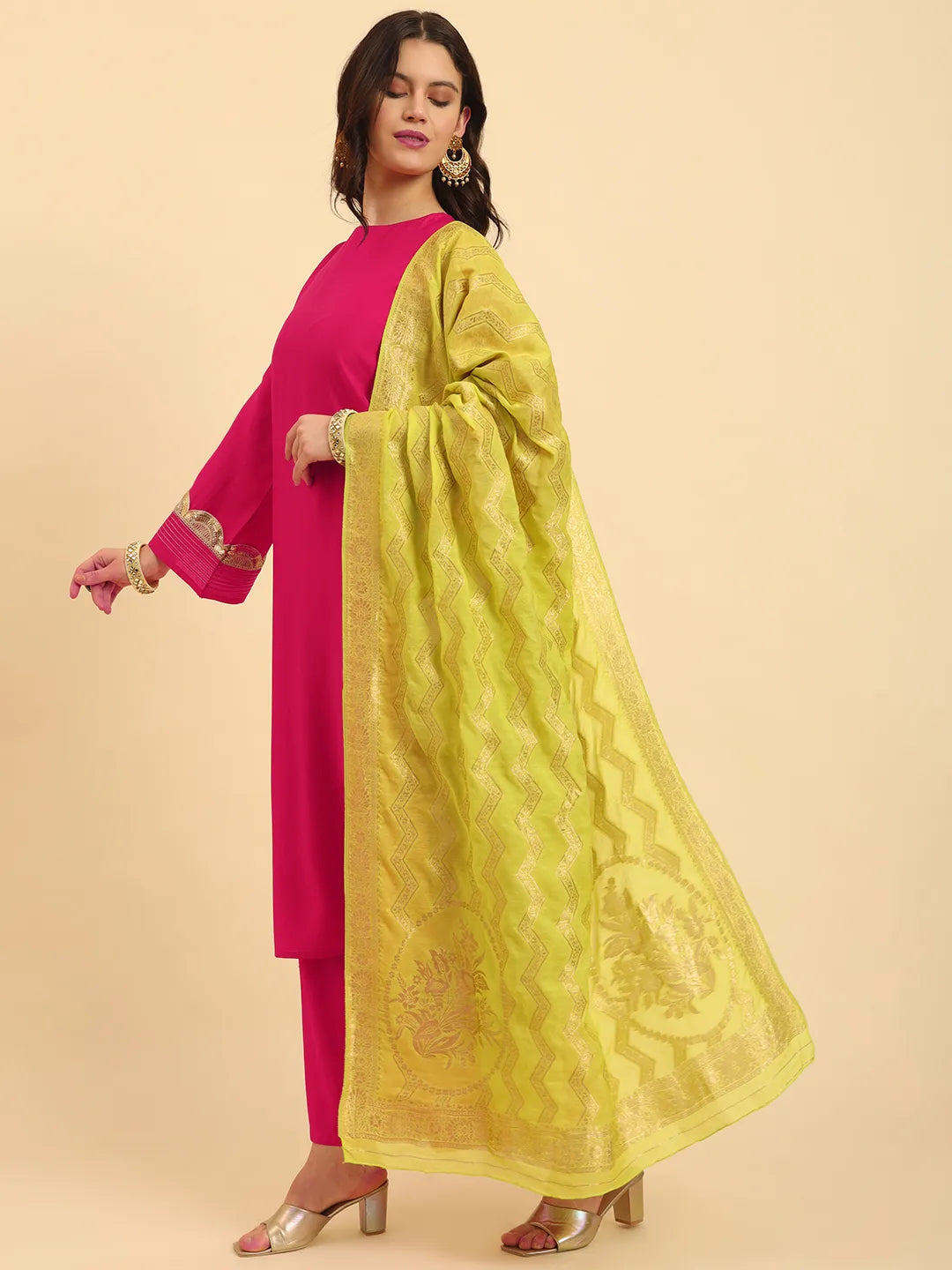 Yufta Pink Silk Flared Sleeves Kurta With Palazzo Banarasi Dupatta Set | Swadesiicart