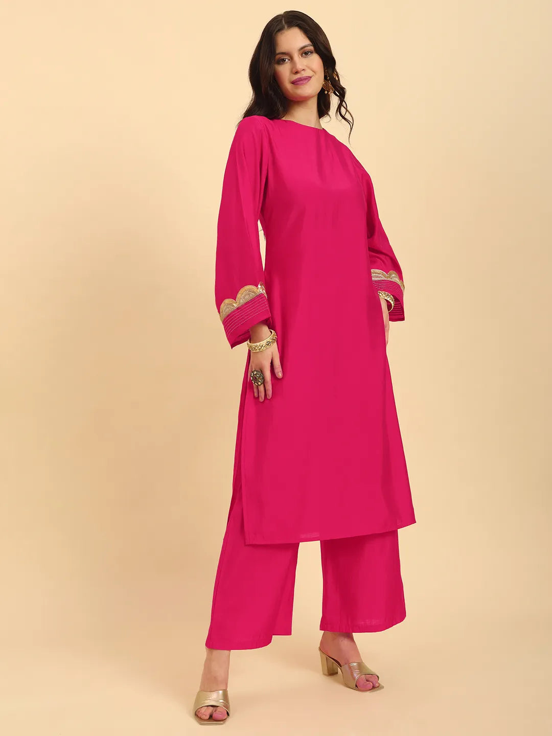 Yufta Pink Silk Flared Sleeves Kurta With Palazzo Banarasi Dupatta Set | Swadesiicart