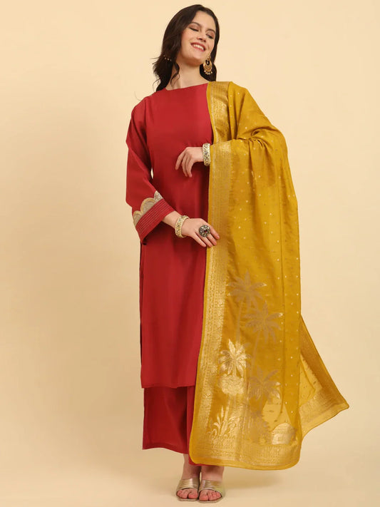 Yufta Rust Silk Flared Sleeves Kurta With Palazzo Banarasi Dupatta Set | Swadesiicart