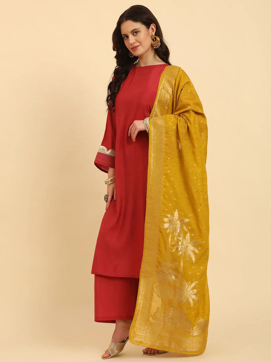 Yufta Rust Silk Flared Sleeves Kurta With Palazzo Banarasi Dupatta Set | Swadesiicart
