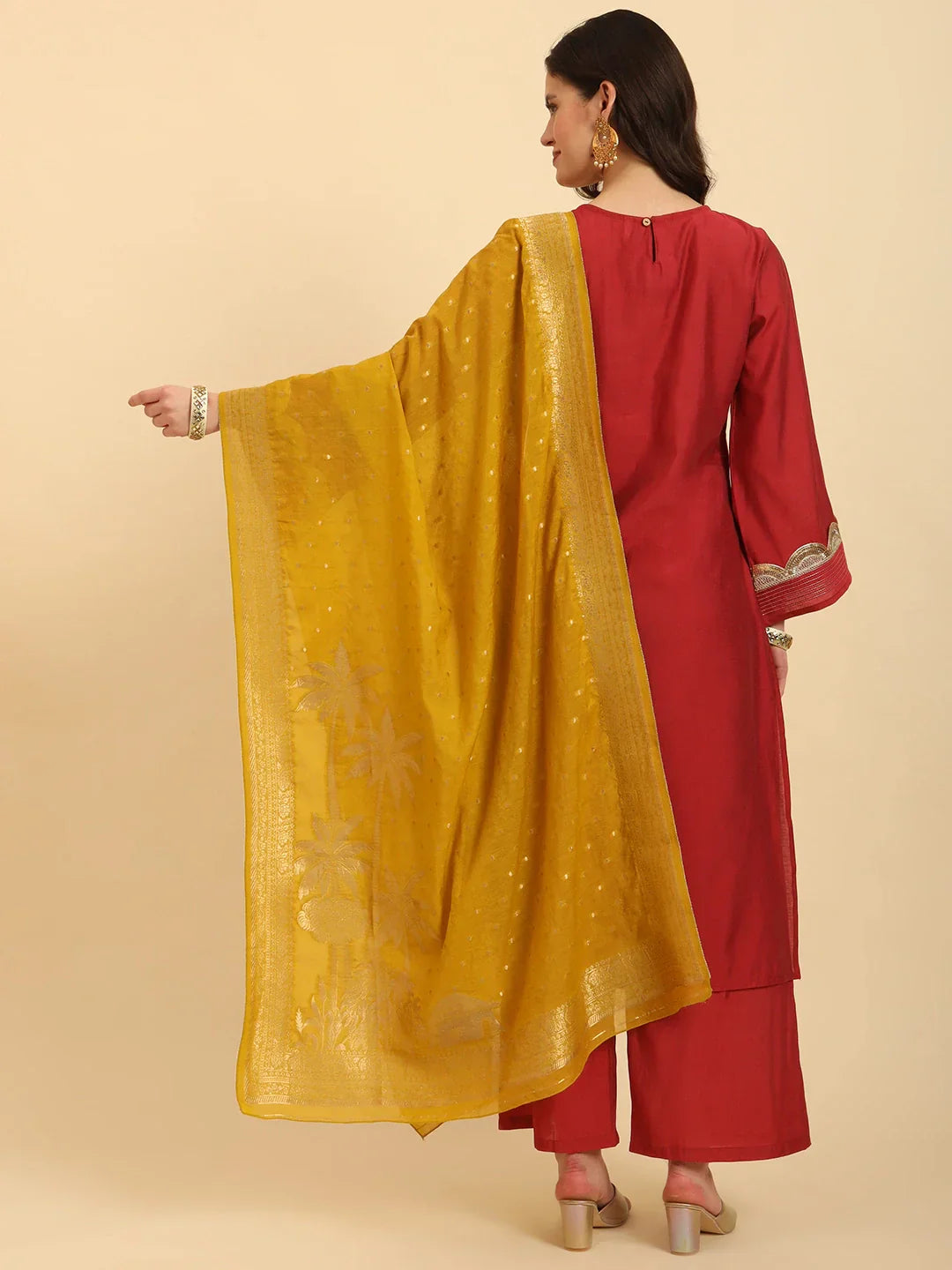 Yufta Rust Silk Flared Sleeves Kurta With Palazzo Banarasi Dupatta Set | Swadesiicart