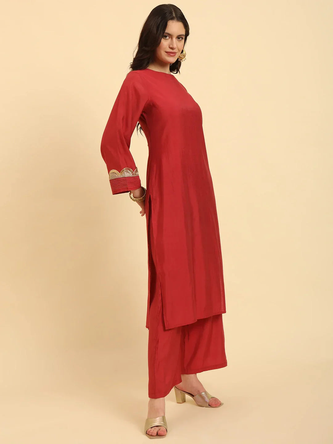 Yufta Rust Silk Flared Sleeves Kurta With Palazzo Banarasi Dupatta Set | Swadesiicart