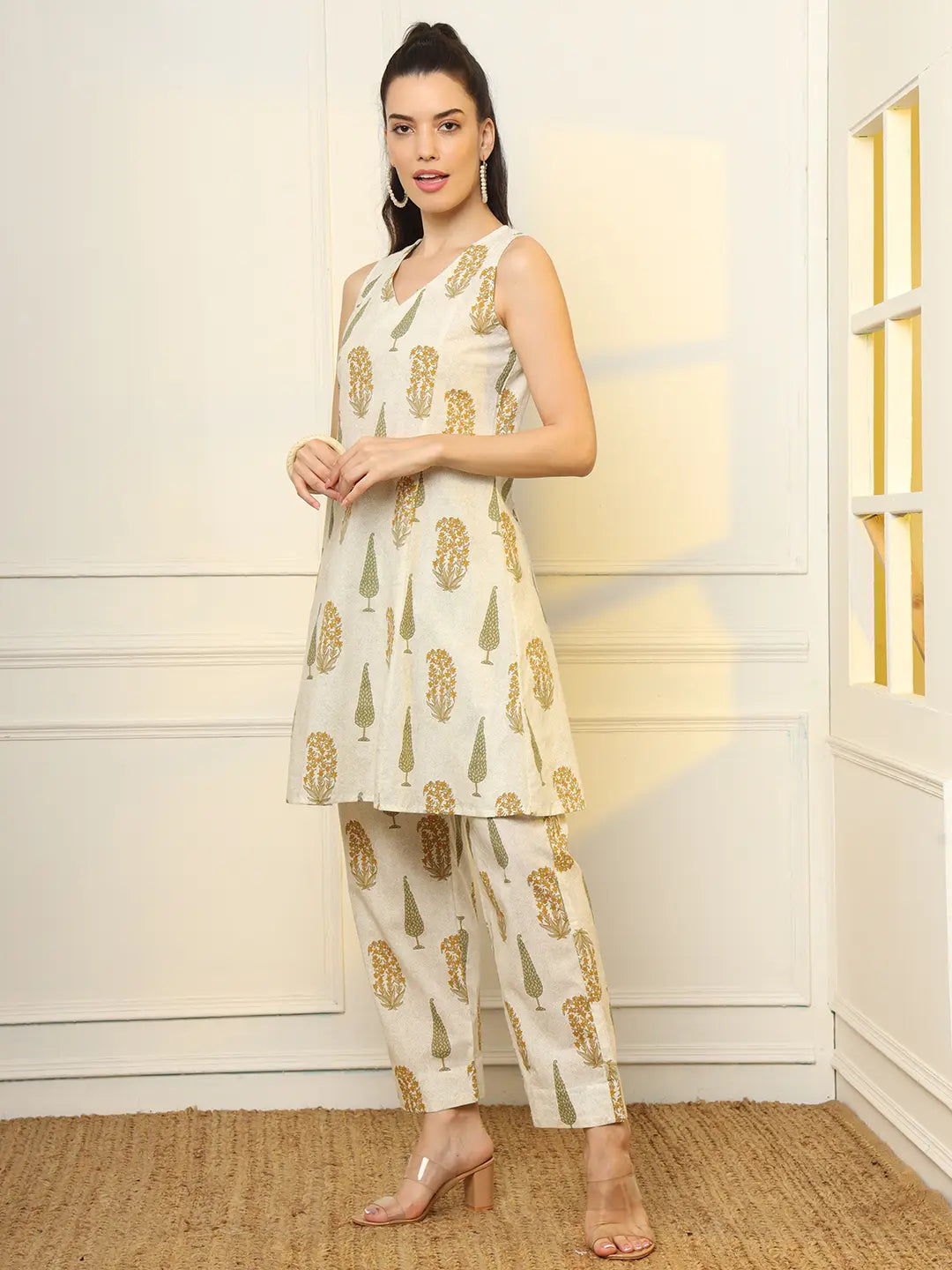 Yufta Mustard And Off White Ethnic Motifs Cotton Top And Trouser Co-Ord Set - Swadesiicart