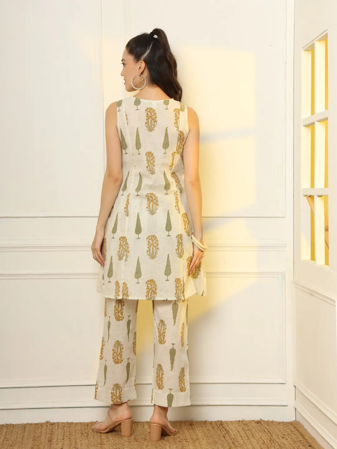 Yufta Mustard And Off White Ethnic Motifs Cotton Top And Trouser Co-Ord Set - Swadesiicart