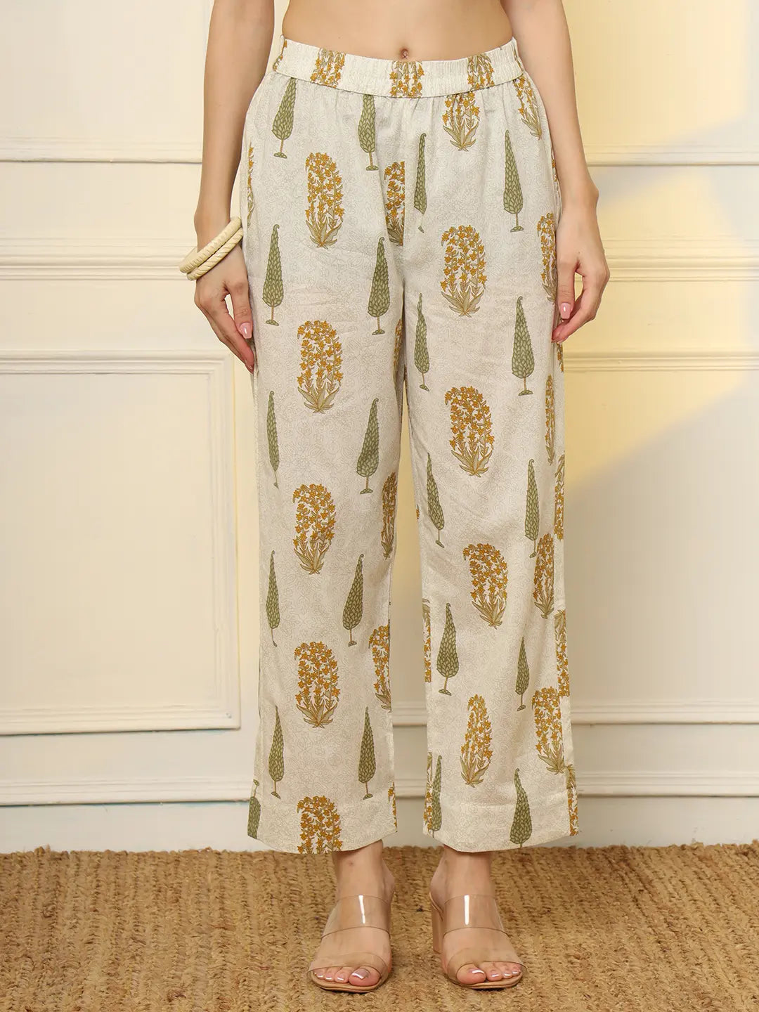 Yufta Mustard And Off White Ethnic Motifs Cotton Top And Trouser Co-Ord Set - Swadesiicart