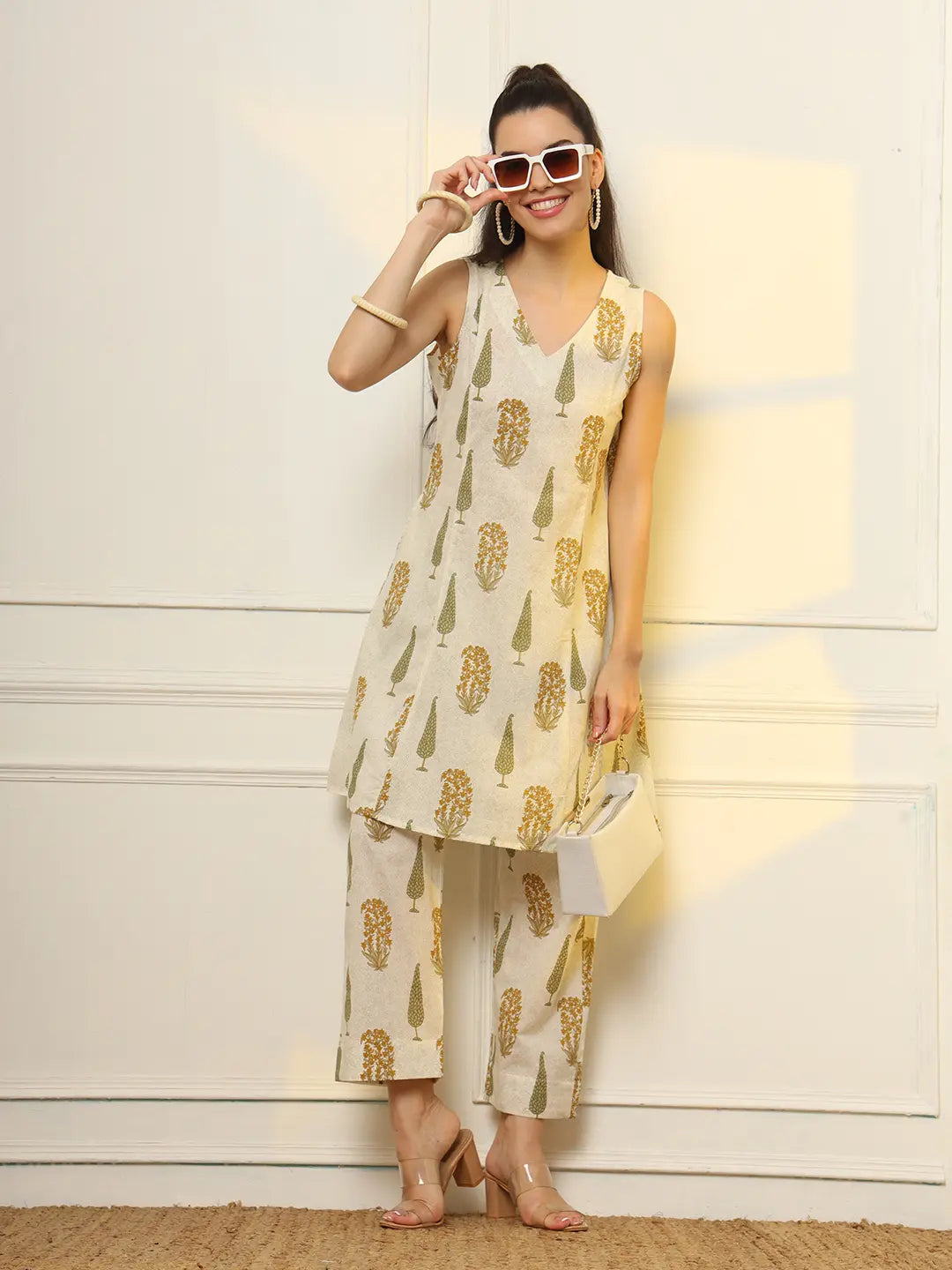 Yufta Mustard And Off White Ethnic Motifs Cotton Top And Trouser Co-Ord Set - Swadesiicart