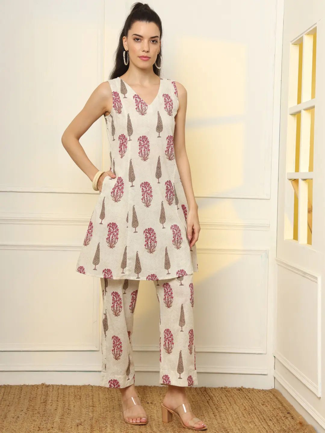 Yufta Pink And Off White Ethnic Motifs Cotton Top And Trouser Co-Ord Set - Swadesiicart