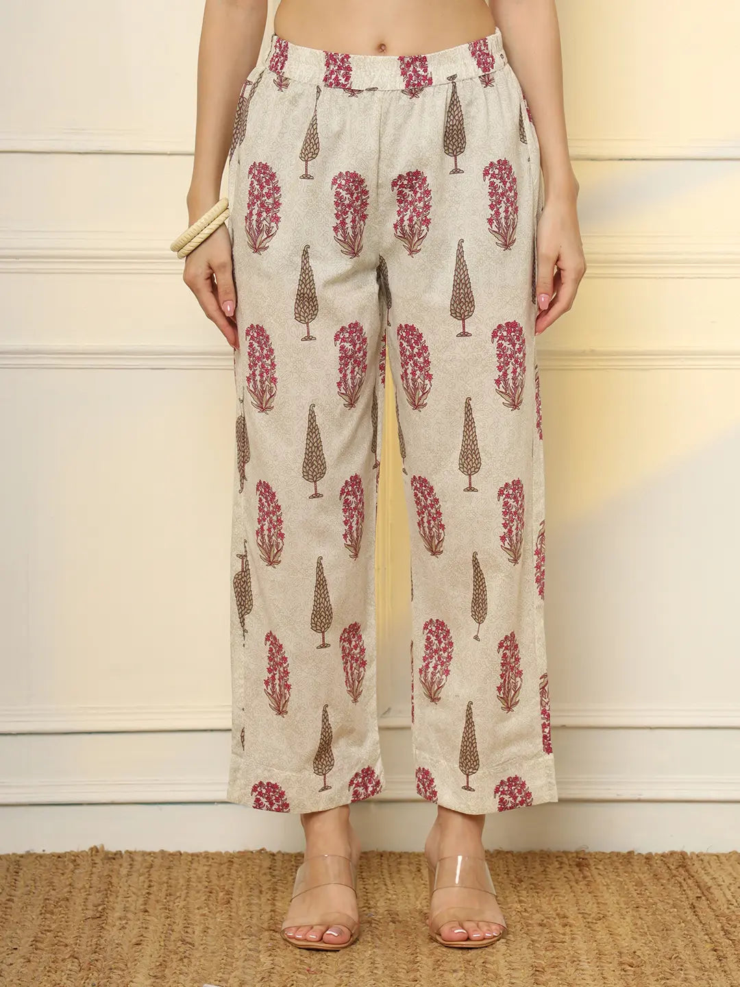 Yufta Pink And Off White Ethnic Motifs Cotton Top And Trouser Co-Ord Set - Swadesiicart