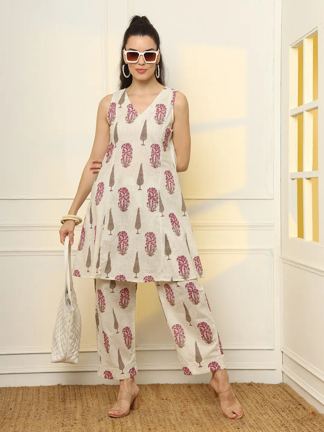 Yufta Pink And Off White Ethnic Motifs Cotton Top And Trouser Co-Ord Set - Swadesiicart