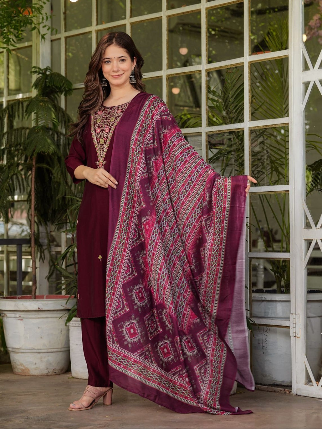The52 Women's Gorgeous Rayon Slub Embroidery Straight Kurta with Pant And Dupatta Set - Swadesiicart