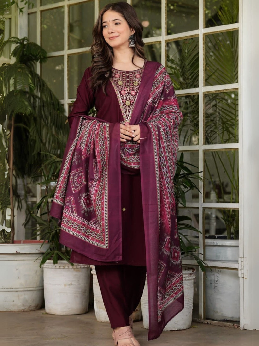 The52 Women's Gorgeous Rayon Slub Embroidery Straight Kurta with Pant And Dupatta Set - Swadesiicart